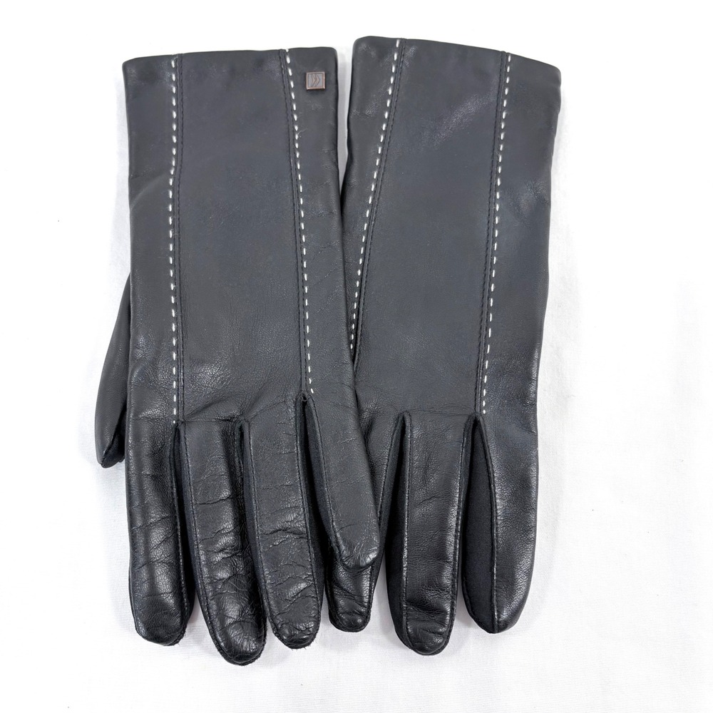 Aris Isotoner Gloves Black Leather Spandex Contrast Stitch Style 60409 Womens ML